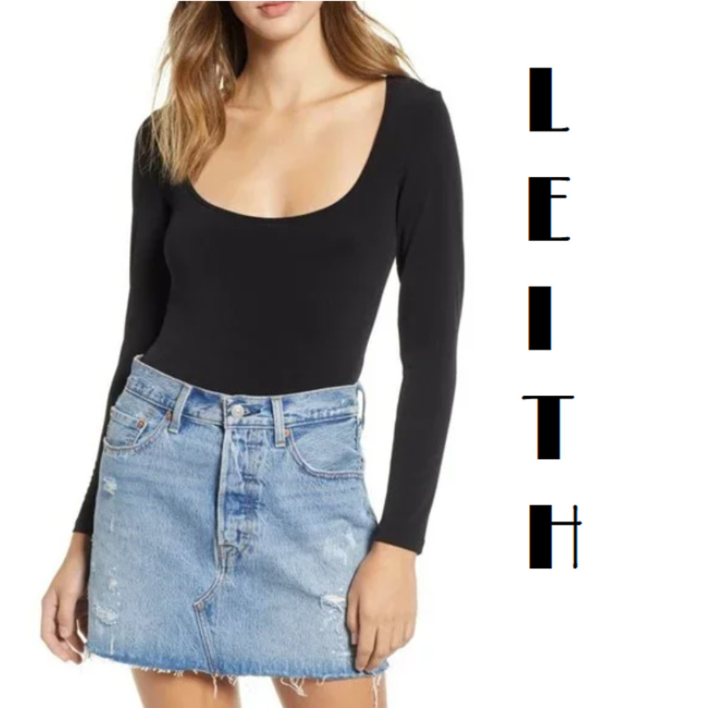 Leith Black Scoop Neck Long Sleeve Thong Bodysuit NWT Small or Medium